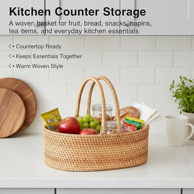 Handwoven Rattan Storage Basket with Handles, Natural Wicker Decorative Basket for Kitchen Counter, Pantry Organization, Floral Arrangement, Gift Packaging & Home Decor