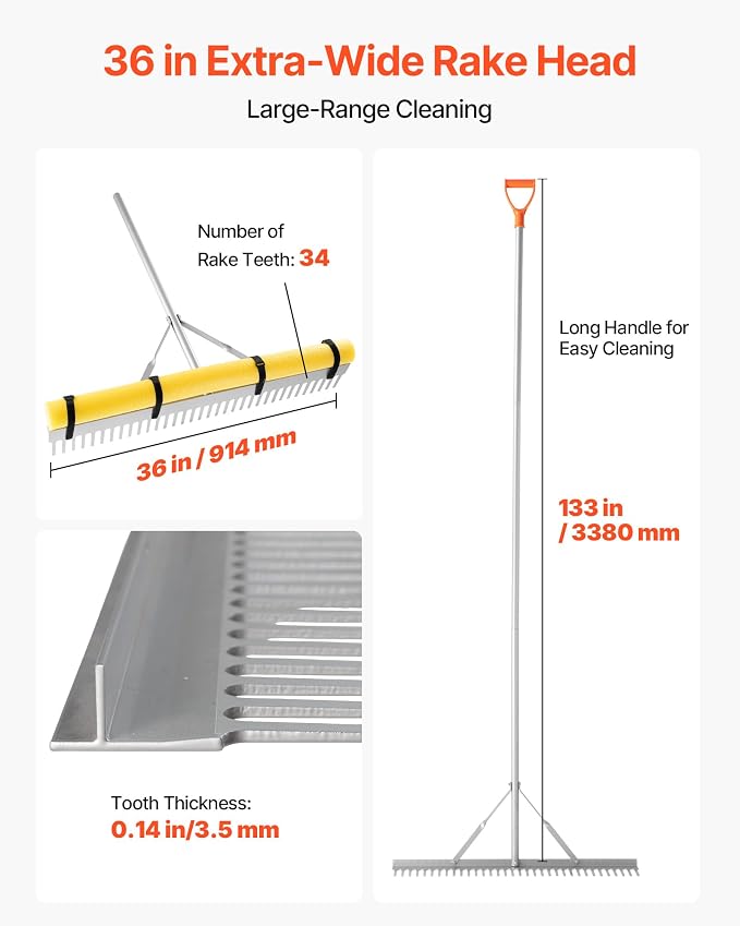 VEVOR Landscape Rake, 36 inch Wide Head 102 inch Handle, Large Heavy Duty Aluminum Landscaping Leaf Rake Tool, Asphalt Level for Loosening Soil, Garden & Yard, Pond Gravel & Beach Lawn Care, 52ft Rope