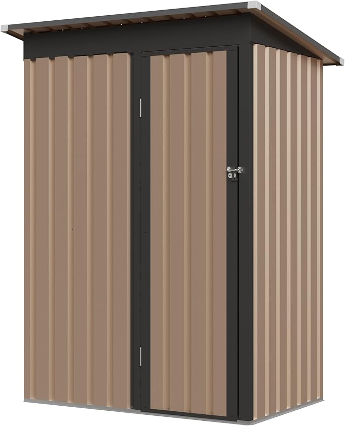 KEIKI 5x3 FT Metal Storage Shed with Pent Roof & Lockable Door, Small Outdoor Garden Tool Shed for Backyard, Patio, or Tiny House, Brown
