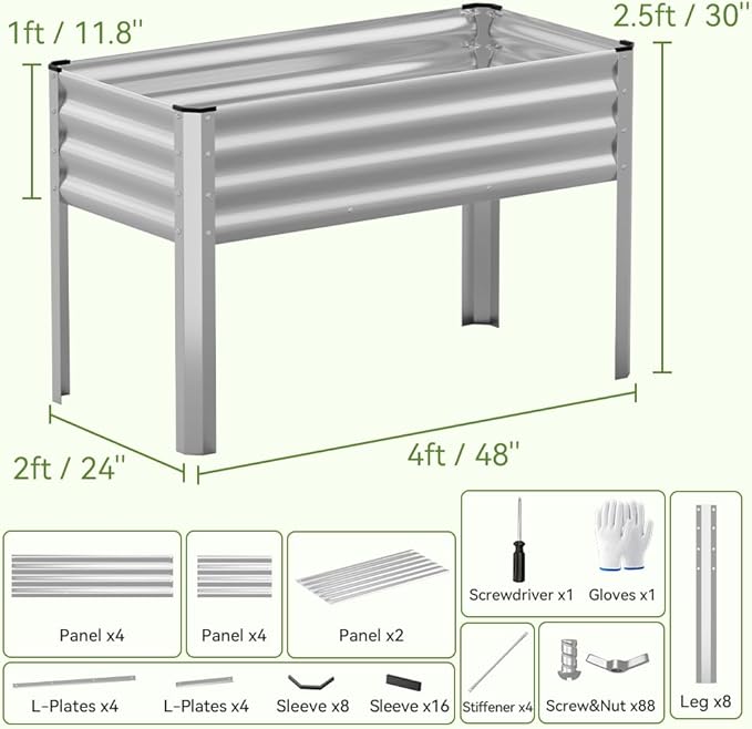 COMHOMA 2 Pack Raised Garden Bed with Legs 4x2x2.5ft,Large Elevated Galvanized Metal Planter Box with Drainage Holes,Outdoor Growing Kit with Gloves Tools for Backyard Patio Lawn,Sliver