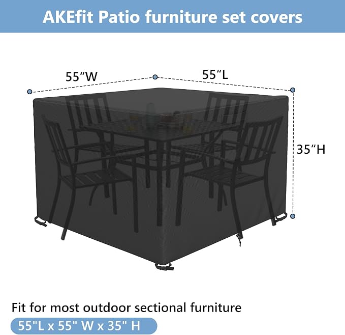 AKEfit Patio Furniture Covers,500D Heavy Duty Waterproof for Outdoor Square and Retangle Patio Table and Chair Covers, Black -55"L x 55"W x 35"H
