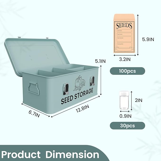 Seed Storage Organizer Box, Metal Seed Box, Garden Seed Organizer with Lid, Seed Containers Storage with 4 Compartments, 30 Seed Holder Organizers, 100pcs Seed Envelopes (Blue)