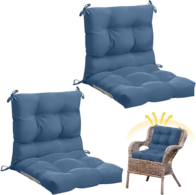 Marsui 2 Pcs Outdoor Indoor High Back Chair Cushions Patio Furniture Tufted Pillow with Ties Water-Resistant Replacement Outdoor Rocking Chair Cushions, 42 x 21 Inches (Blue Gray,Solid Color)