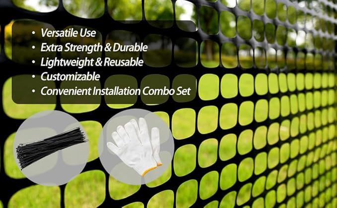 PotatoLife Plastic Mesh Fence Safety Fence, Extra Strength 4'x100' Roll with 100 Zip Ties, Resuable Temporary Netting for Garden Fencing, Construction, Snow Fencing, Animal Barrier, Poultry, Deer, Dog