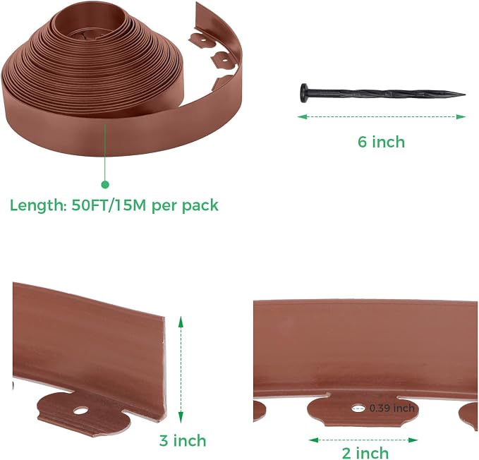 3-Inch x 100 FT Landscape Edging Border Kit with 150 Stakes, Plastic Garden Edging Border, Flexible No Dig Lawn Edging Border for Garden Flower Beds Yard Pathway Paver (Brown)