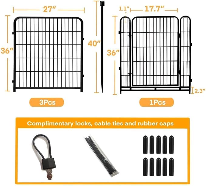 Getlay Garden Fence with Gate 36 in(H)×27 in(L) 4 Panels, Heavy Duty Iron Animal Barrier Fence, Rabbit Fence for Garden, Suitable for Indoor Pet Or Outdoor Dog Fencing, Total 8.9 Ft(L), Black