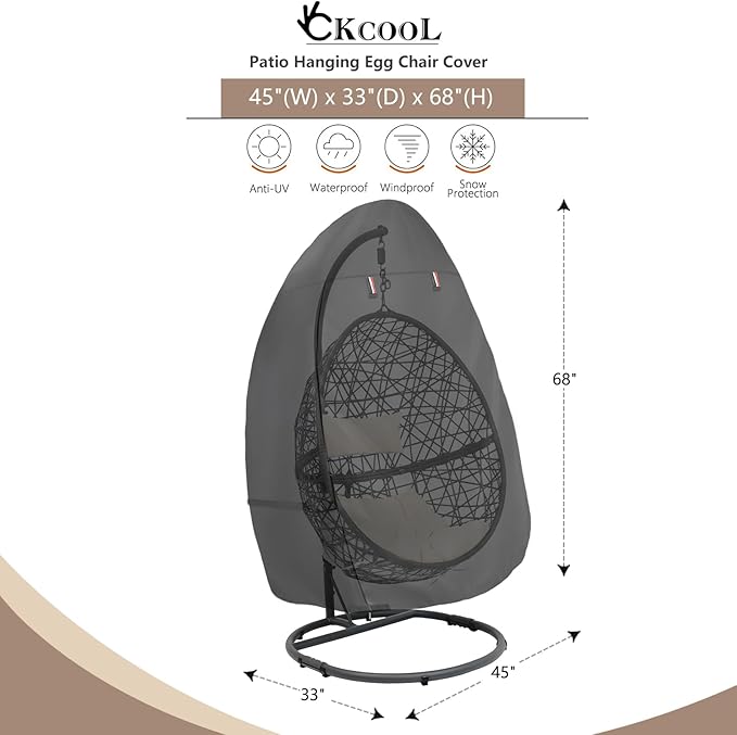 okcool Patio Hanging Egg Chair Cover, Waterproof Heavy Duty Outdoor Single Seat Swing Egg Chair with Stand Cover(Black,45″W x 33″D x 68″H)