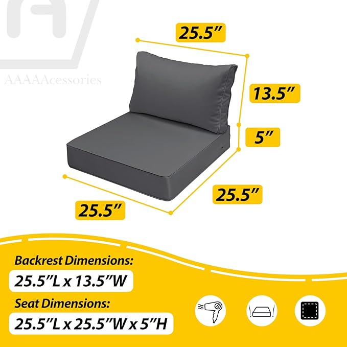 AAAAAcessories Outdoor Seat Cushions for Chairs, Fade-Resistant, Waterproof Patio Furniture Replacement Cushions, 25.5" x 25.5" x 5" + 25.5" x 13.5", Dark Gray