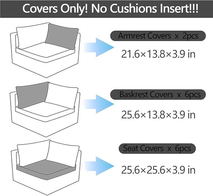 14Pcs Outdoor Cushion Covers Replacement Washable Waterproof UV w/Zipper for 6-Seaters Sofa Patio Slipcovers Set Seat and Back Covers Only (Dark Blue, 25.6x25.6inch)