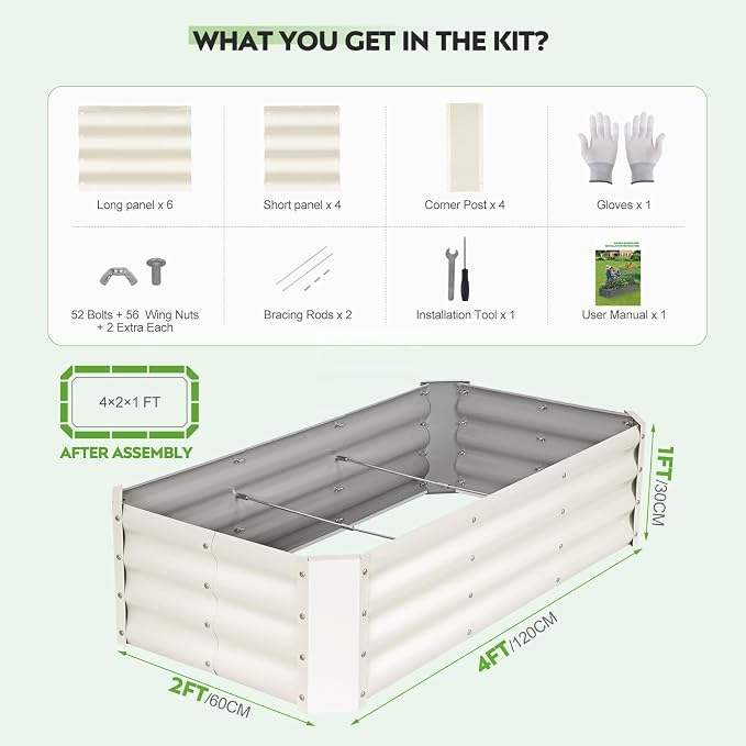 2 Pcs 4x2x1ft Galvanized Raised Garden Bed Outdoor, Metal Planter Boxes with Easy Assembly, Planter Raised Beds for Gardening, Flower, Plants, Vegetable, Herb - White