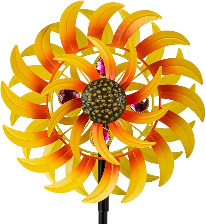 Metal Sunflower Wind Spinner Outdoor,13Inch Large Double Windmill Pinwheels with Stake,Kinetic Wind Sculpture Outdoor for Yard, Garden, Lawn Decorations