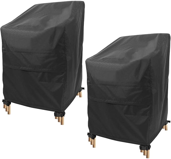 Stackable Chair Covers Outdoor Waterproof - 2 Pack Patio Chair Covers (25W x 25D x 47H inches, Black) Patio Furniture Covers with nonfading fabric fits for 4-6 Stacking Chairs