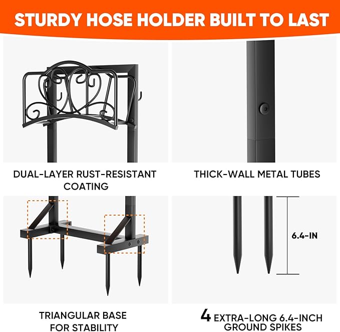 Garden Hose Holder with Tool Hooks and Stable Base, Heavy-Duty Garden Hose Storage Metal Hose Hanger Holds 160Ft, Rustproof Freestanding Water Hose Holder for Outside, Yard, Lawn, Farm, Black