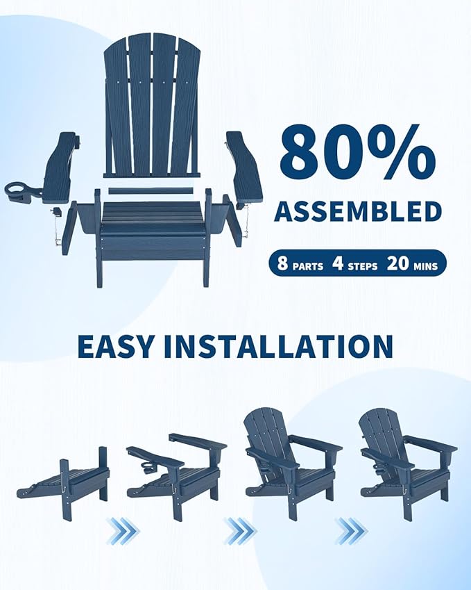 GarveeLife Folding Adirondack Chair Set of 2 with Ottoman, All-Weather HDPE Outdoor Chair, Wooden Textured with Cup Holder for patios, Decks, Gardens, fire pits, Navy Blue