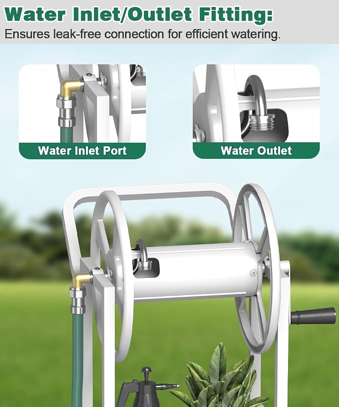 Artigarden Hose Reel Cart with 2 Wheels, Garden Water Hose Holder Heavy Duty Powder Coated Steel Outdoor Winder Storage Holds 125 ft 5/8" Hoses with Basket and 3.9ft Leader Hose for Backyard, White