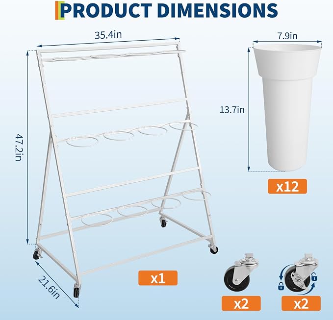 PeakPursuit 3-Tier Metal Flower Display Stand with 12 Plastic Removable Buckets and Wheels,Flower Display Cart for Indoor and Outdoor Use, White