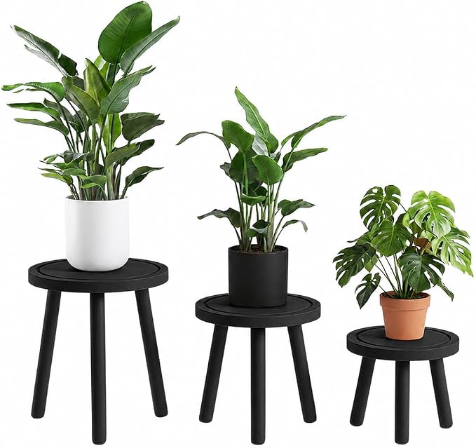 Amdermi 3-Pack4-pack Wood Plant Stands Indoor, Single Plant Stand for 6-12 Inch Pots, Mid-Century Modern Plant Stool, Tall Plant Stand for Large Plants for Living Room, Balcony, Office (3, black)