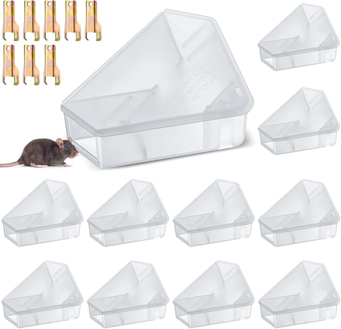 Qualirey 12 Pcs Mice Station with Key Triangle Mouse Station Lockable Reusable Bait Box, Enclosed Design for Indoor and Outdoor Use, Suitable for Small Mice (Translucent)