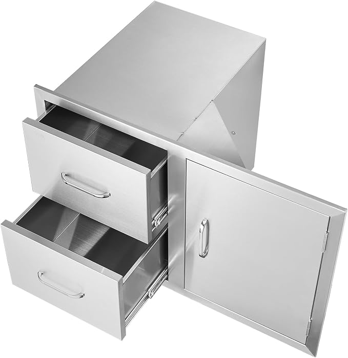 VEVOR Outdoor Kitchen Door Drawer Combo, 32.5"Wx21.7"Hx20.5"D, Access Door Double Drawers with Paper Towel Rack, BBQ Island Drawers with Stainless Steel Handles, 30.7"Wx20"Hx21"D Cutout Size