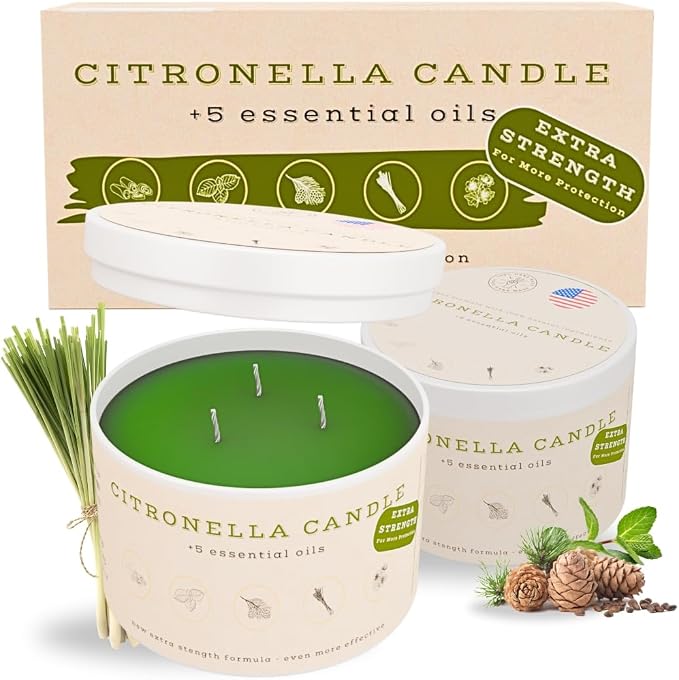 Buzz Defender 14oz Outdoor Citronella Candles | Highly Effective 100% Natural | 64h Burn time | 2X | Large Citronella Candles Outdoor, Ideal for the Backyard Porch, Patio and Camping | Extra Strong