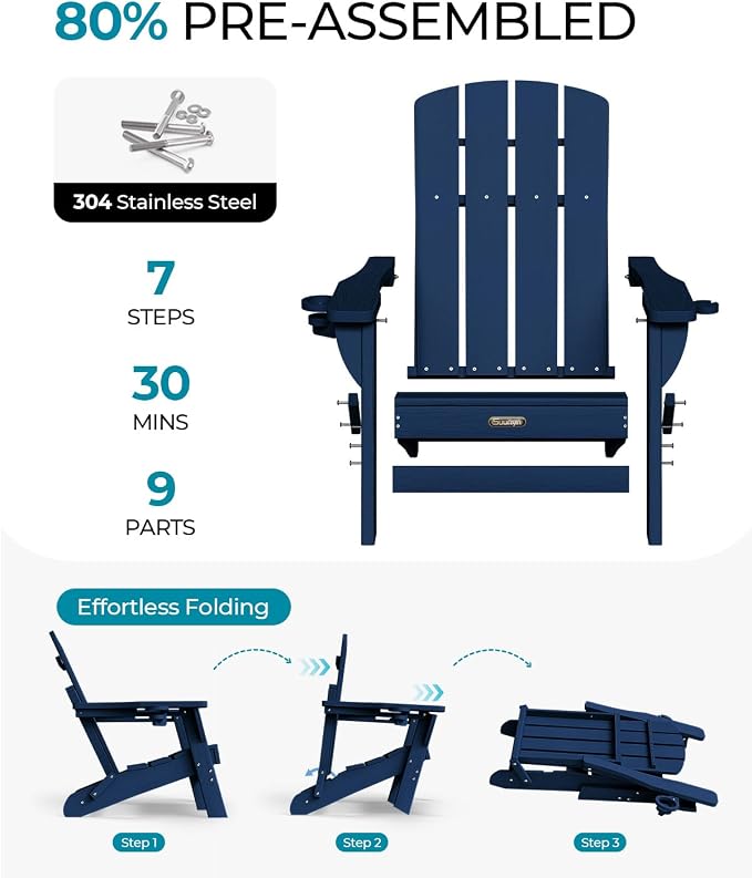Folding Adirondack Chair Set of 2, HDPE Adirondack Chairs with 2 Cup Holder, Plastic All-Weather Fire Pit Chairs, Outdoor Lawn Chair for Patio Garden (Navy Blue)
