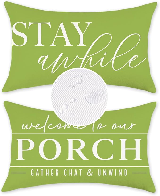 TAJWE Green Outdoor Pillow Covers Waterproof 12x20 Set of 2 Welcome to Our Porch Stay Awhile Cushion Cases for Patio Furniture Sofa Couch Decor