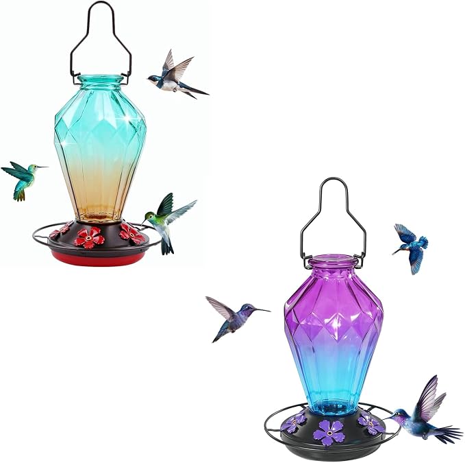 Glass Hummingbird Feeders for Outdoor Hanging, 25 OZ Green and 25 OZ Purple