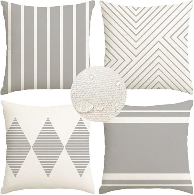 RABUSOFA Outdoor Pillow Covers 20x20 inch Waterproof,Gray and White Boho Set of 4 for Patio Furniture Sunbrella Couch(20" x 20" (Pack of 4))