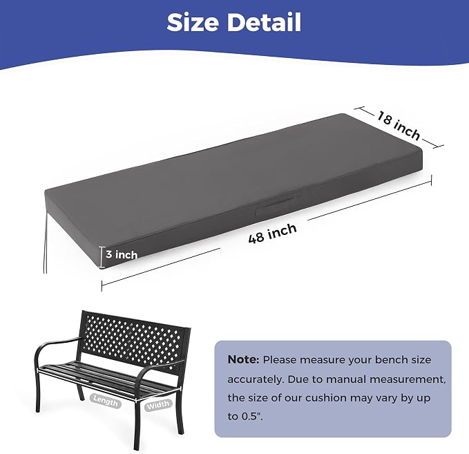 IPYNBAP Outdoor Bench Cushions for Outdoor Furniture, 48x18x3 Inch, Waterproof Bench Pillow, Fade Resistant Long Bench Seat Pads for Garden, Indoor, Porch Swing, Dark Grey