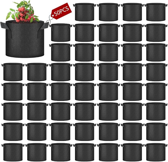 50 Pack Grow Bags, Black Heavy Duty Fabric Pots Nonwoven Potato Grow Bags with Sturdy Handles & Reinforced Stitching, Breathable Vegetable Flower Plant Growing Containers Bags (5 Gallon)