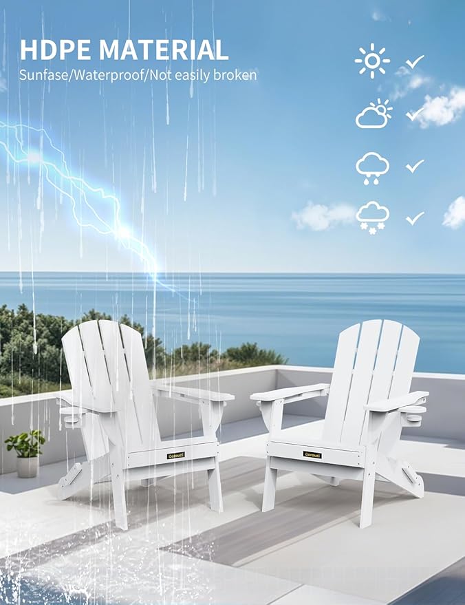 Folding Adirondack Chair Set of 6, Wooden Textured Plastic Adirondack Chairs with 2 Cup Holder, Weather Resistant HDPE Fire Pit Chair, Outdoor Patio Chairs for Garden, Backyard, Lawn, Deck, White