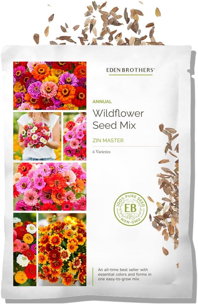 Eden Brothers Zin Master Zinnia Seeds for Planting 2026, 1 lb Flower Seeds Mix 480,000+ Seeds – 6 Variety Mix, California Giant, Dahlia, Mexican, Lilliput Zinnia | Non-GMO Garden Seeds, Zones 3-10