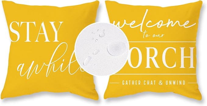TAJWE Yellow Outdoor Pillow Covers Waterproof 16x16 Set of 2 Welcome to Our Porch Stay Awhile Cushion Cases for Patio Furniture Sofa Couch Decor