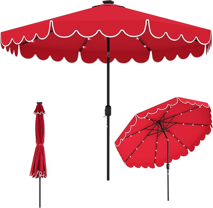 Tangkula 10FT Solar LED Patio Umbrella, 2-Tiers Scalloped Outdoor Table Market Umbrella with 24 LED Lights, Vented Top, Tilt Adjustment, Crank, 8 Ribs for Backyard Poolside Deck Beach Lawn (Red)