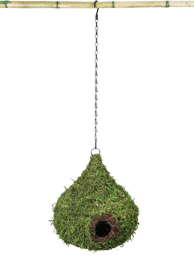 SuperMoss (56051) Woven Birdhouse – Durable Outdoor Hanging Bird House Made with Natural Moss for Wild Birds, 9.5” x 10.5” x 9.5”, Raindrop