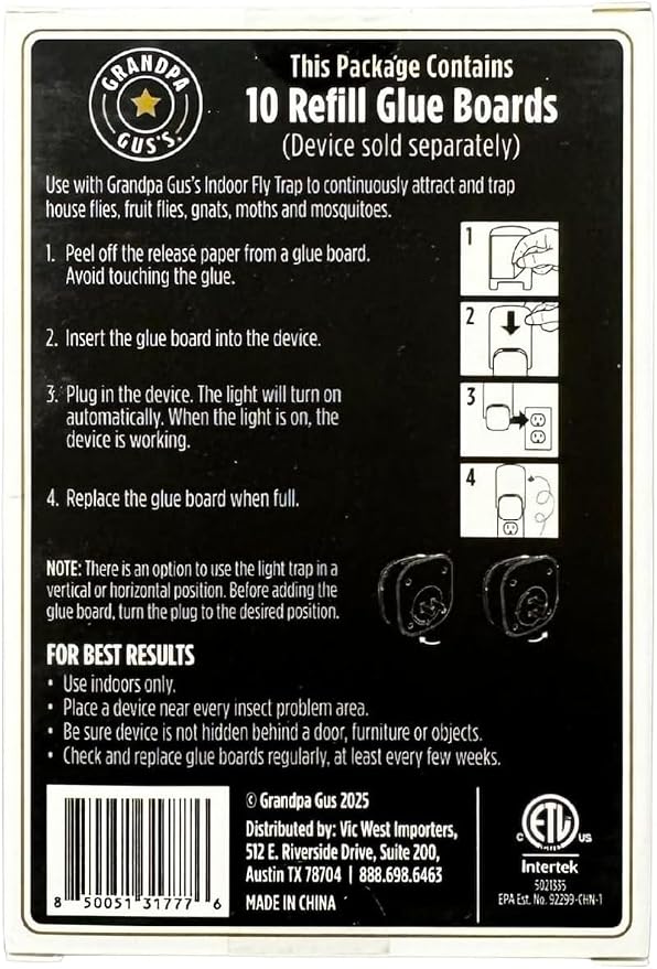 Grandpa Gus’s Indoor Fly Trap Refill Glue Boards 10 Pack - Sticky Replacement Cards for Flies, Gnats, Fruit Flies, Mosquitoes & Moths - Plug-in UV Light Trap Refills for Indoor Flying Insect Control
