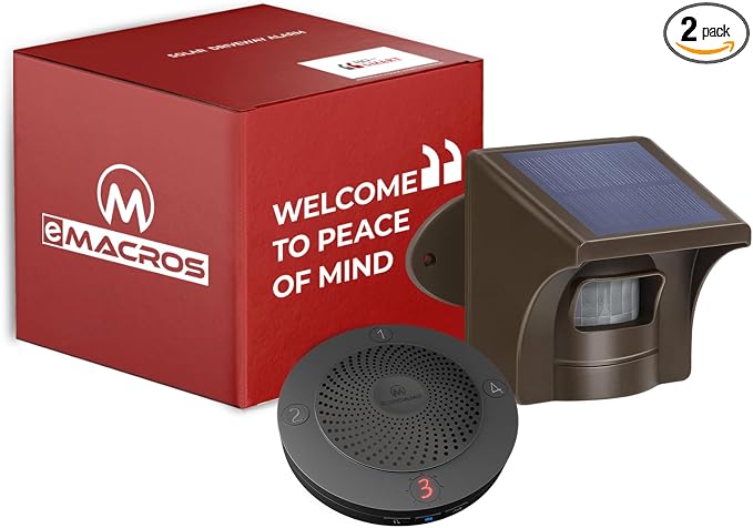 eMACROS Non-APP Wireless Driveway Alarm — 1/2 Mile Solar Motion Sensor with Plug-in Receiver for Driveways, Homes, Large Properties, Weatherproof Outdoor Security System