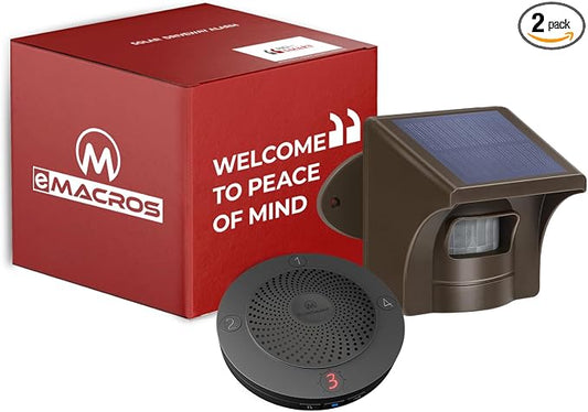eMACROS Non-APP Wireless Driveway Alarm — 1/2 Mile Solar Motion Sensor with Plug-in Receiver for Driveways, Homes, Large Properties, Weatherproof Outdoor Security System
