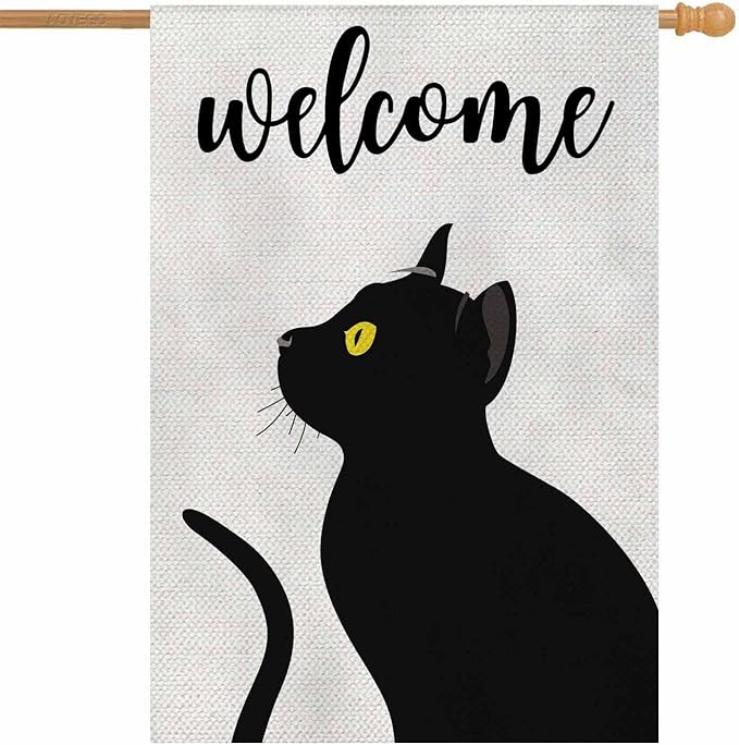 AOYEGO Cat Welcome House Flag Vertical Double Sided Burlap Black Cat With Yellow Eyes Farmhouse Yard Outdoor Seasonal Flags Decoration 28 x 40 Inches