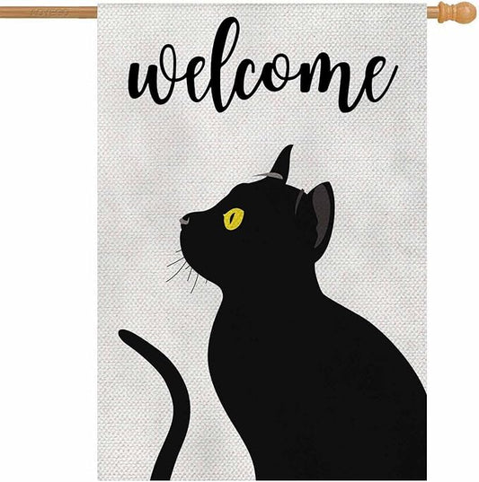 AOYEGO Cat Welcome House Flag Vertical Double Sided Burlap Black Cat With Yellow Eyes Farmhouse Yard Outdoor Seasonal Flags Decoration 28 x 40 Inches