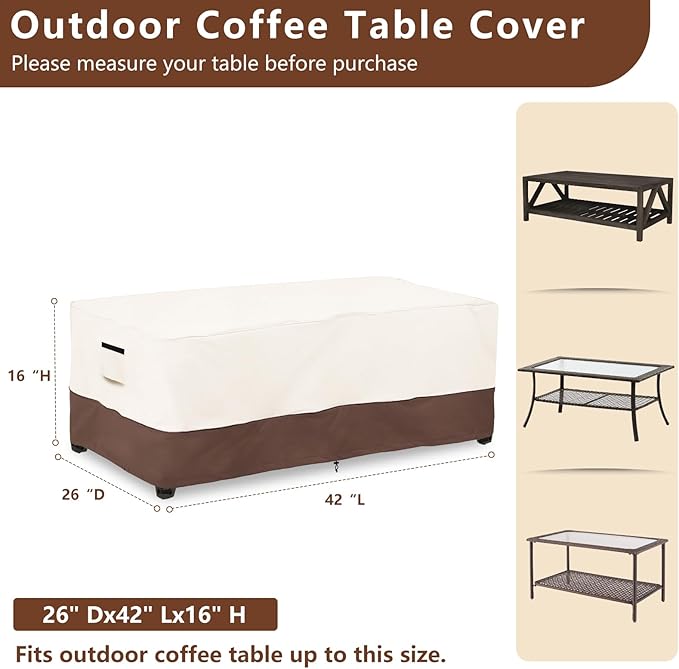 Outdoor Coffee Table Cover Waterproof - 600D Heavy Duty Outdoor Tables Cover,Patio Rectangular Side Table Covers,UV & Weather Resistant(26" Dx42 Lx16 H,Beige&Brown)