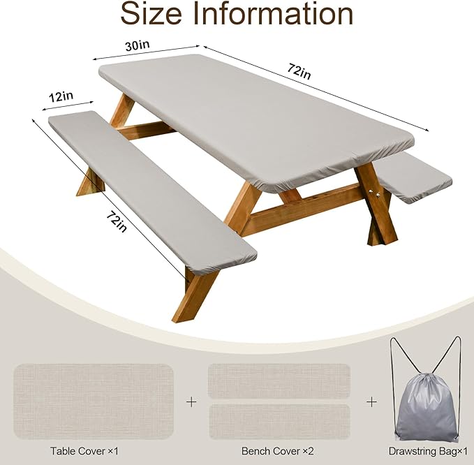 Picnic Table Cover with Bench Covers Camping Essentials Waterproof Windproof Camping Tablecloth with Drawstring Bag, Fitted Rectangle Tables and Seats, 72in, Beige Linen Texture