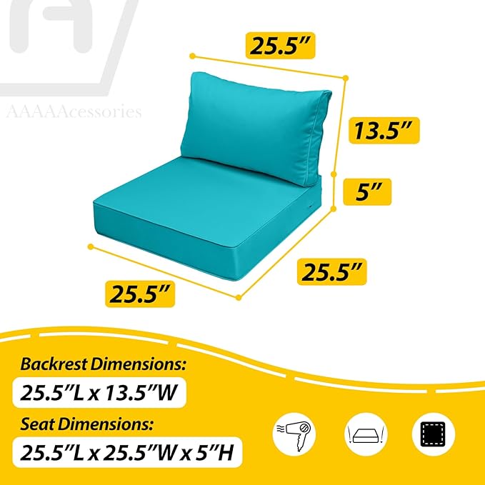 AAAAAcessories Outdoor Seat Cushions for Chairs, Fade-Resistant, Waterproof Patio Furniture Replacement Cushions, 25.5" x 25.5" x 5" + 25.5" x 13.5", Turquoise Blue