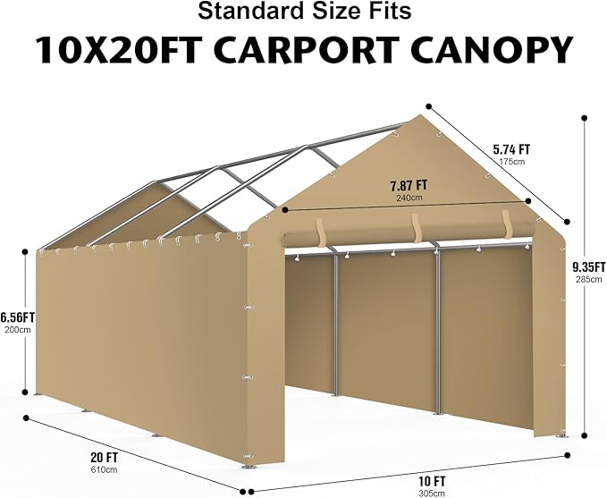 Carport Replacement Canopy Cover Sidewalls for 10x20x9.35FT Frame, Heavy Duty Garage Car Tent Shelter Tarp with Ball Bungees, Waterproof & UV Protected (Frame is not Included) (Beige)