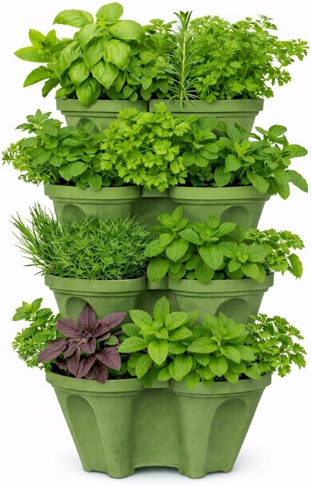Strawberry Planter Tower, 4 Tier Stackable Vertical Planter, 16 Plant Sites, Space Saving Garden Planter, Indoor Outdoor, Made in USA (4, Sagebrush Green, Small)
