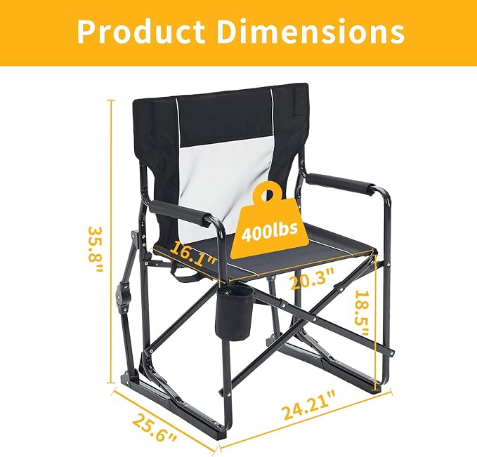 Folding Rocking Chair for Adults - Outdoor Camping and Lawn Chair with Breathable Mesh, Detachable Waterproof Armrests and Cup Holder – Portable Travel Seat, Black