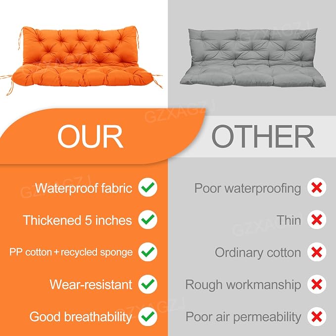 Porch Swing Cushions Outdoor 60 inch Waterproof Thicken 5" Swing Cushions Replacement with Backrest and Ties for Outdoor Furniture Porch Patio Garden Lawn (Orange)