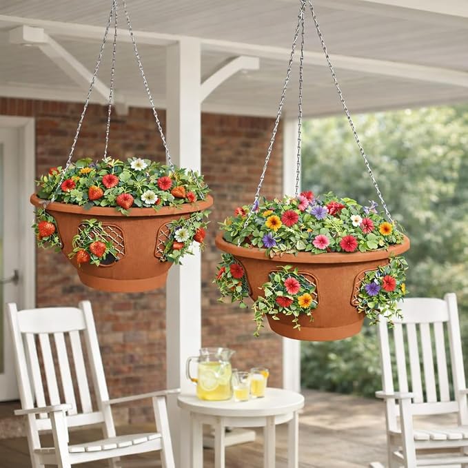 Ultimate Hanging Baskets - Strawberry, Tomato, Flower, and Herb Outdoor Planters - Use Garden Pots for Growing Plants Outside On A Deck, Fence, or Balcony (2, Terracotta)
