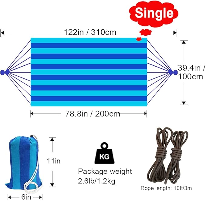 GOCAN Brazilian Single Hammock 1 Person Canvas 200X100cm Total Length 310cm Load 250kg Cotton Hammock for Garden Backyard Outdoor and Indoor