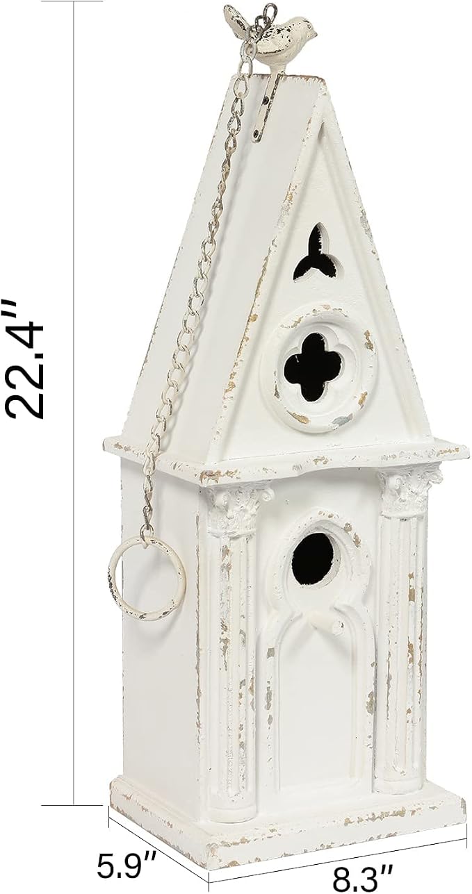 22.4" H Wooden Birdhouse, Hanging Bird Houses for Outside with Pole for Finch, Bluebird, Cardinals, Vintage Church Bird House Garden Patio, Distressed Wood Birdhouse Country Cottages